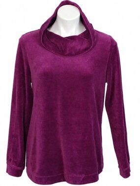 Medium Womens Purple Velour Cowl Neck Long Sleeve Pullover Tunic Top Soft Casual